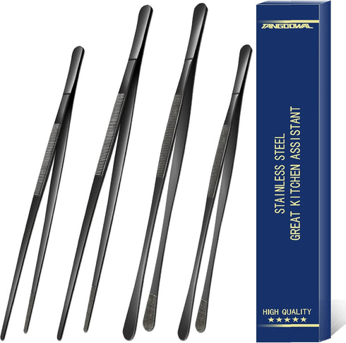 4 Pcs Cooking Tweezers Tongs, 12''&10'' Black Stainless Steel Food Tongs Set, Professional Kitchen Long Tongs for Cooking,Repairing,Sea food,BBQ,M...