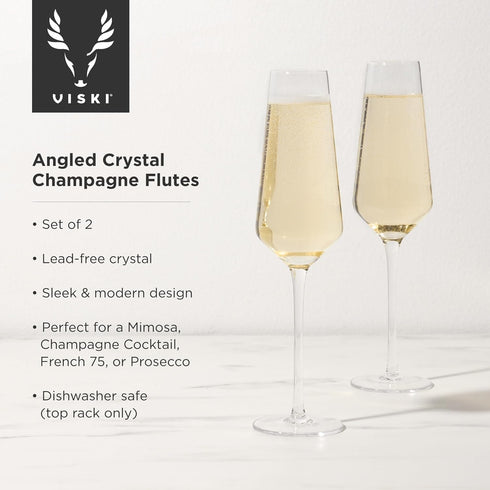 Viski Raye Angled Crystal Champagne Flutes Set of 2 - Premium Crystal Clear Glass, Modern Stemmed, Champagne Glass Gift Set - 8oz...