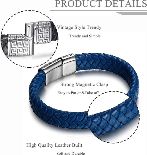 FIBO STEEL Stainless Steel Braided Leather Bracelet Cuff Bracelet for Men 7.5-8.5 inches...