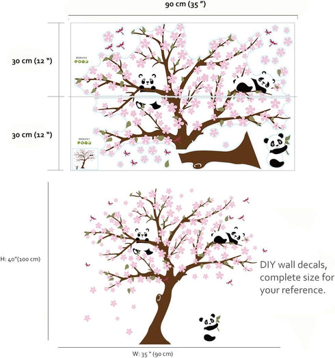 Runtoo Panda Wall Decal - Cherry Blossom Wall Art Stickers for Living Room & Bedroom...