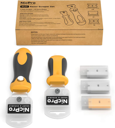 Nicpro 2 PCS Muti-Purpose Razor Blades Scraper Set With 20 Blades Industrial, Adjustable Handle, Cleaning Glass Window Wall Paint, Label Sticker D...