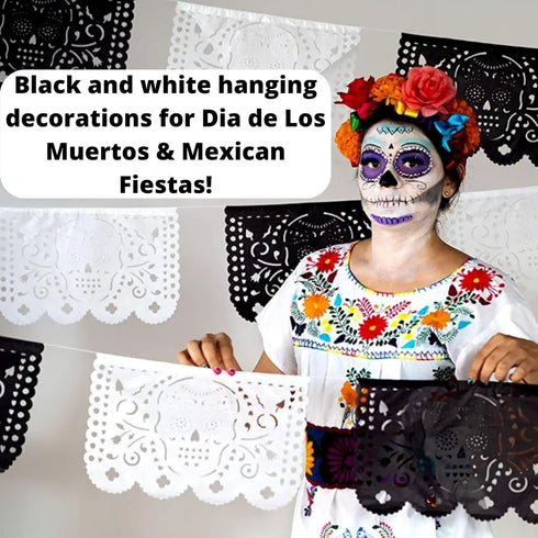 Dia de Los Muertos Decorations, Day of The Dead Banner, Black Mexican Banner 5 Pack|Tissue Paper|White and Black Skulls...