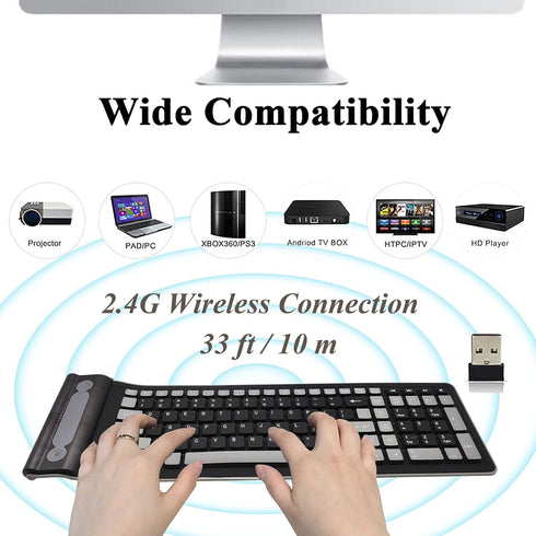 Wireless Silicone Keyboard, Portable Foldable Roll Up Soft Rubber Keyboard, Perfect for PC, Laptop and Travel (Black and Gray)...