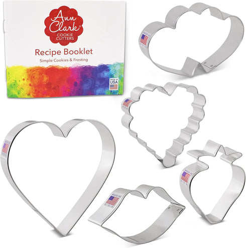 Valentines Day Cookie Cutters 5-Pc. Set Made in USA by Ann Clark, Heart, Strawberry, Scalloped Heart, Lips, Double Heart...