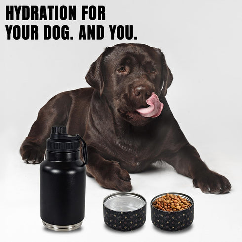 AGH Dog Water Bottle, 32oz Portable Dog Water Bottle with Detachable Bowl Food Feeding, Double Wall Vacuum Flask Stainless Steel Dog Travel Water ...