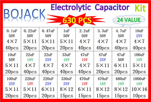 BOJACK 24Value 630pcs Aluminum Electrolytic Capacitor Assortment Box Kit Range 0.1uF?1000uF...