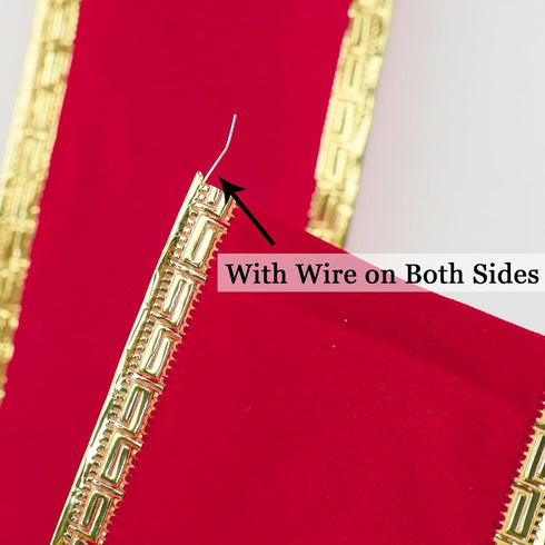 MEEDEE Red Velvet Ribbon 2.5 Inch Red Velvet Christmas Ribbon 10 Yards Red Velvet Wired Ribbon with Gold Greek Key Edge Ribbon Red Ribbon for Chri...