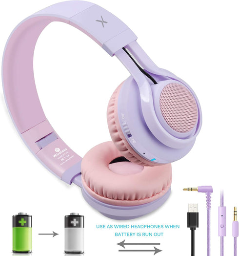 Riwbox WT-7S Kids Bluetooth Headphones Light Up, Foldable Stero Wireless Headset with Microphone and Volume Control for PC/Tablet/TV/Travel (Purpl...