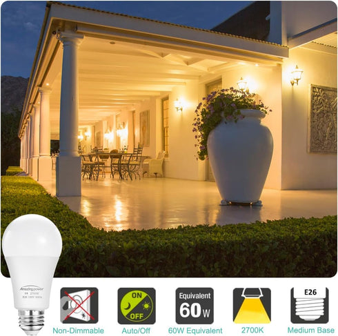Dusk to Dawn Light Bulbs, Sensor E26 LED Bulb 9W (60W Equivalent), 825LM, 2700K Soft White, Auto On/Off light bulbs for Outdoor Lighting, 4-Pack...