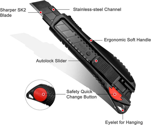 HAUTMEC 18mm Utility Knife Box Cutter with Safety Quick Change Button, Snap off Black SK2 Ultra Sharp Blade, Anti-Slip Ergonomic Rubber Handle for...