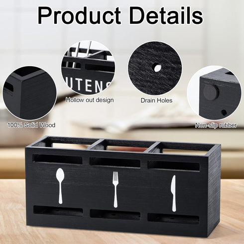 Wooden Cutlery Caddy, Black Utensil Holder Silverware Holder for Countertop Spoon and Fork, Flatware Organizer Storage Containers, Cooking Utensil...