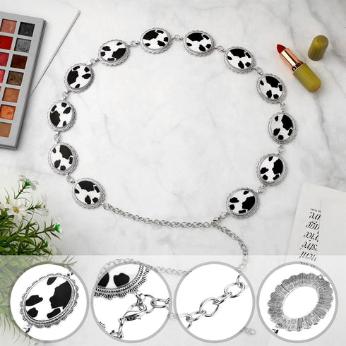 Cow Print Concho Belts Cow Print Concho Chain Belt Oval Adjustable Metal Waist Leather Cowgirl Belt for Women Dress Jeans Short...