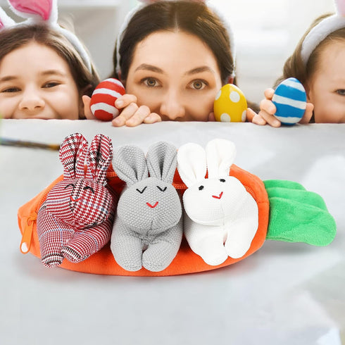 Hide and Seek Bunnies in Carrot Pouch Easter Bunny Stuffed Animal 3Pcs Rabbit Plush Doll in Zipper Purse Storage Bag Easter Gifts...