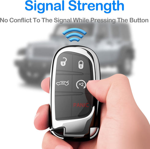 Compatible with Jeep Key Fob Cover with Leather Keychain Soft TPU Protection Key Case for Grand Cherokee Renegade Chrysler 200 300 Dodge RAM Duran...