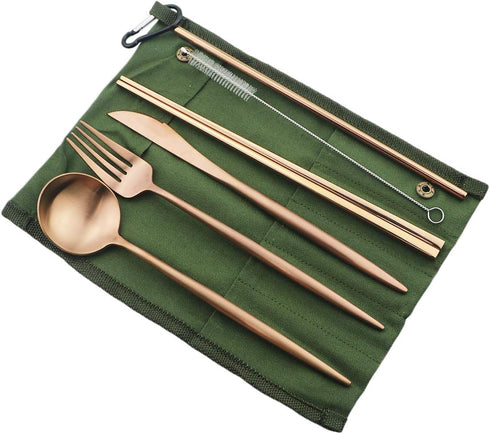 Eco-friendly Matte Finish Flatware Sets 7 Pieces Cutlery Set Knife Fork Spoon 18/10 Stainless Steel Rose Gold Portable Travel Utensil Set for Trav...