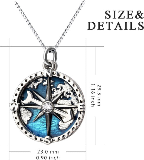 YFN Compass Pendant Necklace Sterling Silver Navy Anchor Travel Map Necklace for Women Men 18"...