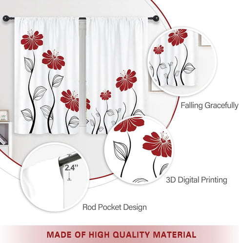Riyidecor Red Flower Kitchen Curtains for Christmas 27.5x39 Inch Floral Petals Rod Pocket Leaves Lines Woman White Plant Printed Living Room Bedro...
