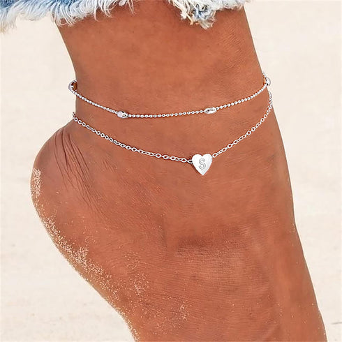 Tasiso Silver Plated Layered Initial Satellite Heart Anklet for Women Handmade Dainty Engraved Letter Beads Boho Ankle Bracelet Minimalist Beach J...