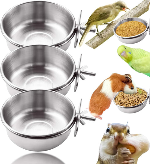 MotBach 3 Pieces Stainless Steel Bird Feeding Dish Cups, Bird Feeder Parrot Food Water Bowls with Clamp, Pet Cage Cups Holder for Bird Parrot Cock...