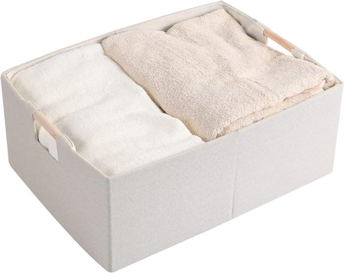 Fabric Storage Bin Box Foldable Cotton Linen Storage Basket with Wooden Handles Rectangular Cube Decorative Home Laundry Organizer Clothes Blanket...