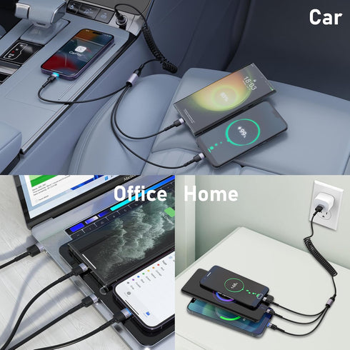 Multi Charging Cable, 3IN1 USB A to Lightning/USB C/Micro USB Coiled Stretch Charging Cords 5FT-6.6FT with Carplay, for iPhone 15/14/13/12/11 Pro ...