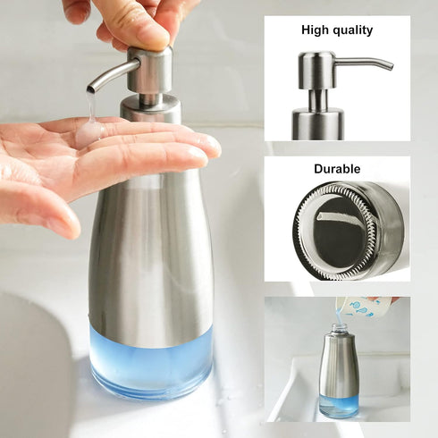 Dish Soap Dispenser with Stickers, Brushed Nickel Stainless Steel and Glass Combined, Refillable Liquid Hand Soap Dispenser for Bathroom & Kitchen...