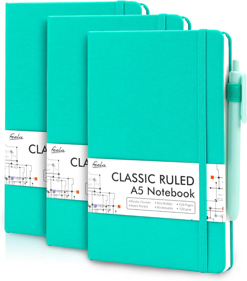 feela 3 Pack Notebooks Journals Bulk, Hardcover Notebook Classic Ruled Lined Journals with Pen Holder for Women Girls School Business Supplies, wi...