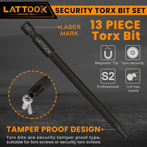 Torx Bit Set, LATTOOK 13-Piece Security Tamper Proof Torx Star Bits Set, Magnetic S2 Steel, 4'' Long, T5 - T40...