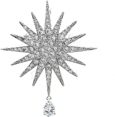 Bling Stylish Silver Tone Full Micro Pave Clear CZ Starburst Pin Brooch with Drop Moravian Lapel Corsage Accessory...