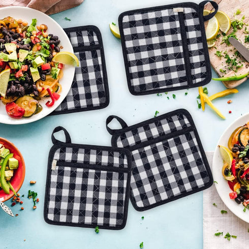 NEOVIVA Quilted Kitchen Pot Holder Set of 2 with Loop, 8”x8” Hot Pot Holders Heat Resistant with Pocket for Easy Grip, Checked Navy Blue...