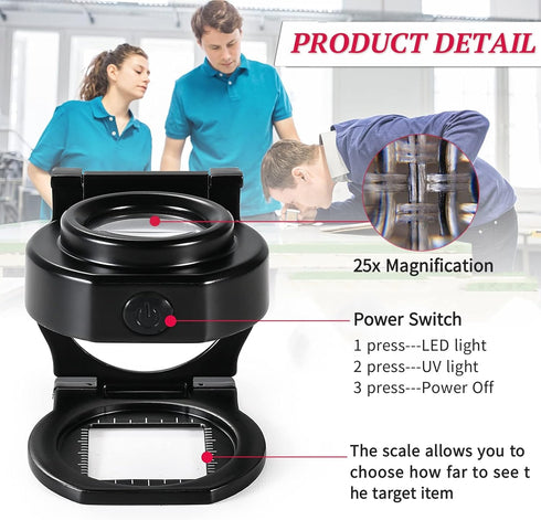 25X Loupe Magnifier with 6 Light, USB Rechargeable Three-Folding Desktop Portable Metal Eye Loupe Scale Sewing Magnifing Glass for Textile Optical...
