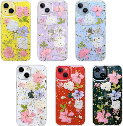 Abbery Designed for iPhone 14 Plus Case Sparkly Pink Flower Design Cute Clear Glitter Soft Silicone Real Dried Pressed Floral Aesthetic Phone Cove...