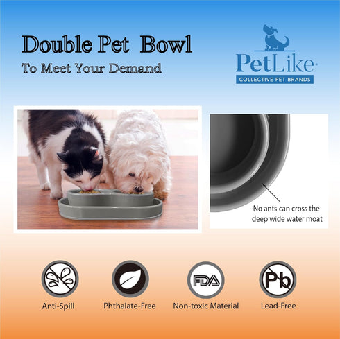 PetLike Ants Away Double Dog Water and Food Bowls,6 cups/48oz Pet Feeder Bowls for Puppy Medium Large Dogs Cats (Grey, 15.5X9.5X2.75 INCH)...