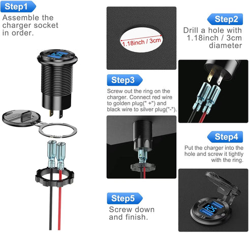 12V USB Outlet Wire Aluminum Car Charger Multi Port, Dual USB Quick Charge 3.0 Port and PD USB C Socket with Voltmeter Switch for Car Boat Marine ...