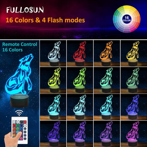 FULLOSUN Wolf Gifts, 3D Night Light for Kids Optical Illusion Lamp Co-Sleeping,Remote Controller with 16 Color Changing Birthday Gifts & for Kids,...