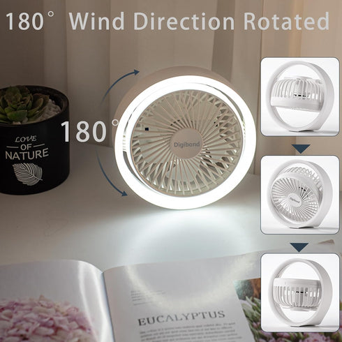 Small Desk Fan, Ultra Quite USB Fan Portable 3000mAh Rechargeable Battery Operate, High Power 3 Speed 5.3in With Ambient Light/Hook 180°Rotated Ea...