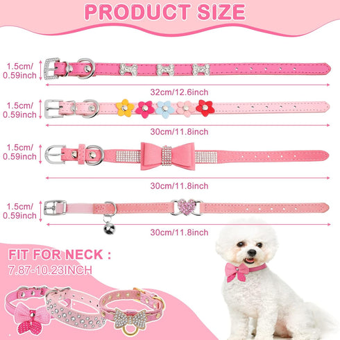 9 Pieces Pink Rhinestones Dog Collar PU Leather Girl Puppy Collars Bling Crystal Cat Dog Collar with Bow Bone Heart Flower for Pets Dogs Cats Coll...
