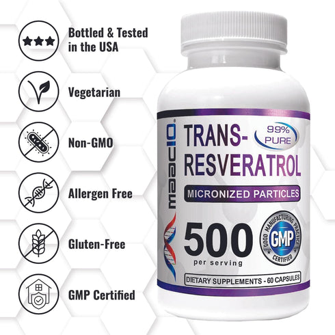 MAAC10 Trans Resveratrol 500mg Supplement (Micronized Pharmaceutical Grade 99% Pure Trans-Resveratrol Extract + BioPerine for Superior Absorption)...