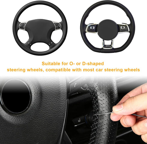 Leather Steering Wheel Cover, Stitch On Wrap, Breathable Anti-Slip Car Steering Wheel Protector for Max Diameter 15'', DIY Sewing with Needle Thre...
