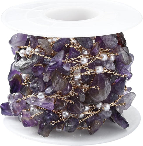 DanLingJewelry 5m Brass Handmade Natural Amethyst Stone Beading Chain Purple Irregular Crystal Chains with Spool for Jewelry Making Supplies...