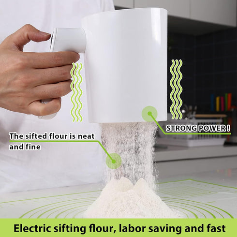 Battery Operated Flour Sifter Electric Hand-held Flour Sieve with Dough Scraper Kitchen Baking Tool Powder Filter Food-grade Plastic Body and SS43...