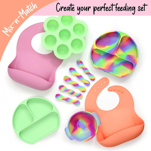 Unbreakable Silicone Non-Slip Bowl and Chew Spoon Set for Babies and Toddlers (Rainbow Swirl)...