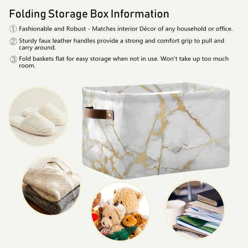 White Gold Marble Storage Basket Bin Large Fabric Toys Storage Cube Box with Handles Collapsible Closet Shelf Cloth Organizer Basket for Nursery B...