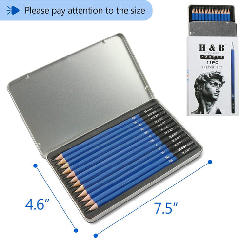 H & B 12 PCS Pencil Drawing Kit, H-4H, F, HB, B-6B Graphite and Charcoal Sketch Pencil Set for Beginners, Professional Artists...