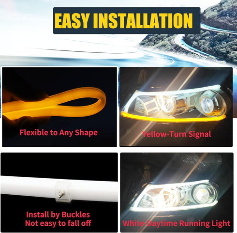 Car LED Daytime Running light Turn Signal 22In Flexible Adhesive DRL Turn Signal Light Strip Decorative Lamp for Car - White/Amber 2Pcs...