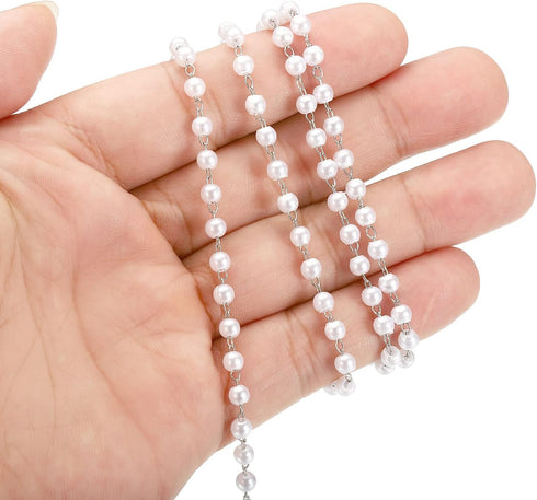 PATIKIL 5m/16 Feet Faux Pearl Beading Chain with Spool, 4mm Brass Chain Link for Jewelry Making DIY Necklace Bracelet Accessories Style 1, Silver...