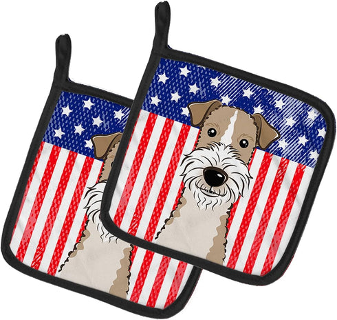 Caroline's Treasures BB2177PTHD American Flag and Wire Haired Fox Terrier Pair of Pot Holders Kitchen Heat Resistant Pot Holders Sets Oven Hot Pad...