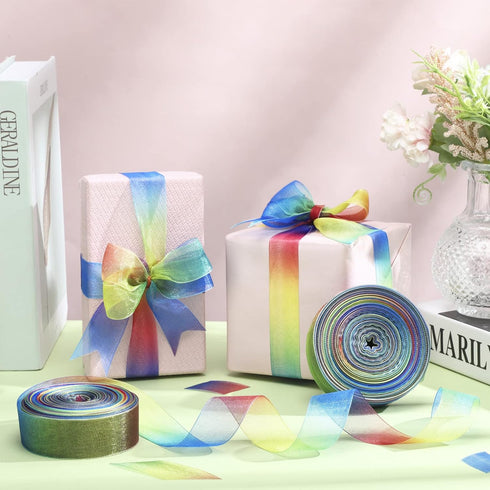 Shappy 1 Inch x 50yard Rainbow Gift Rainbow Ribbon for Gift Wrapping Organza Ribbon Shimmer Sheer Rainbow Colors Ribbon...