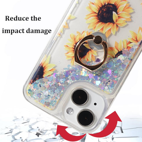 Glitter Case with Ring Holder Compatible with iPhone 15 Glitter Case Clear Ring Holder Kickstand Soft TPU Bling Girly Women Cute Liquid Holiday Ca...