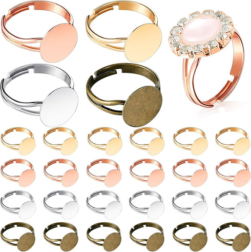 Herdear 40 Pieces Blank Ring Plated Adjustable Flat Ring 12 mm DIY Blank Ring Base Jewelry Finding Ring (Silver, Gold, Rose Gold, Antique Bronze)...